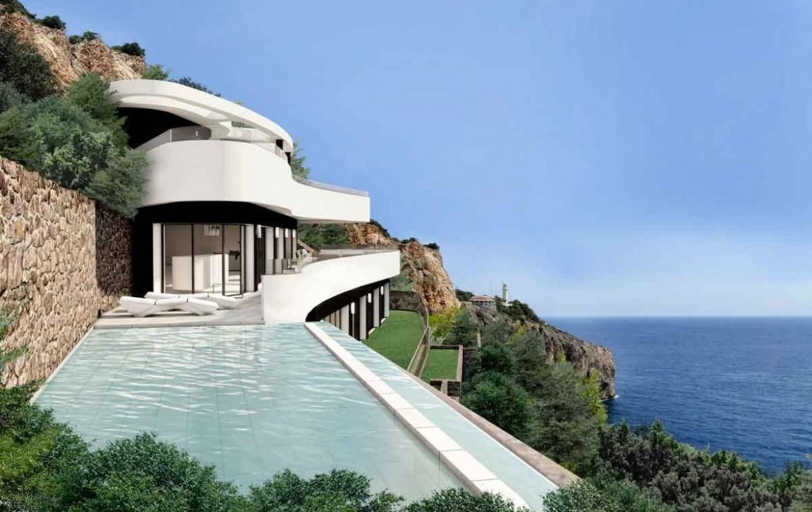 Minimalist exterior featuring curved white balconies and an infinity pool overlooking the Mediterranean. The design incorporates natural stone walls and glass railings.