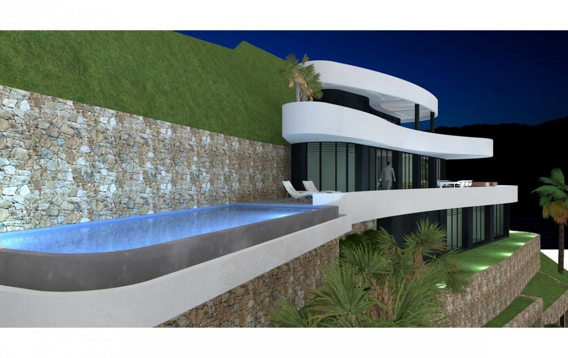 Night exterior featuring an illuminated infinity pool, curved minimalist terraces, and natural stone retaining walls integrated into the hillside.