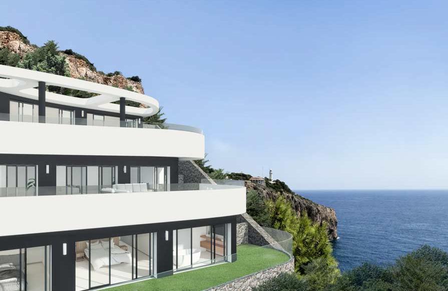 Three-level exterior facade featuring curved architectural lines, glass railings, and floor-to-ceiling windows overlooking the Mediterranean Sea and a distant lighthouse.