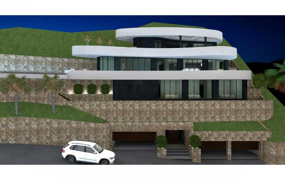 Three-level exterior facade featuring curved white terraces, floor-to-ceiling glazing, and natural stone walls. The lower level provides access to two double garages.