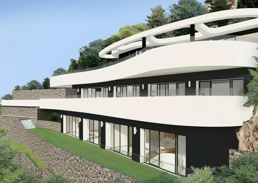 Three-story minimalist exterior featuring curved white balconies, floor-to-ceiling glass doors, and natural stone retaining walls integrated into the landscape.