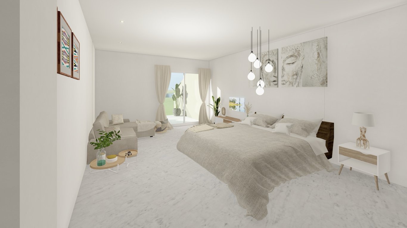 En-suite bedroom featuring marble-effect flooring, a lounge area, and terrace access. The space is defined by designer pendant lights and neutral textures.