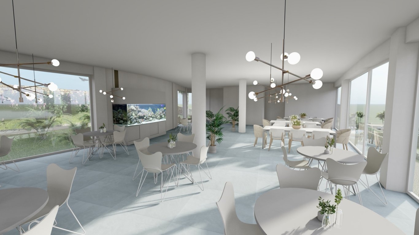 Minimalist dining space featuring floor-to-ceiling windows, modern branch chandeliers, a large built-in aquarium, and views of the Mediterranean garden.