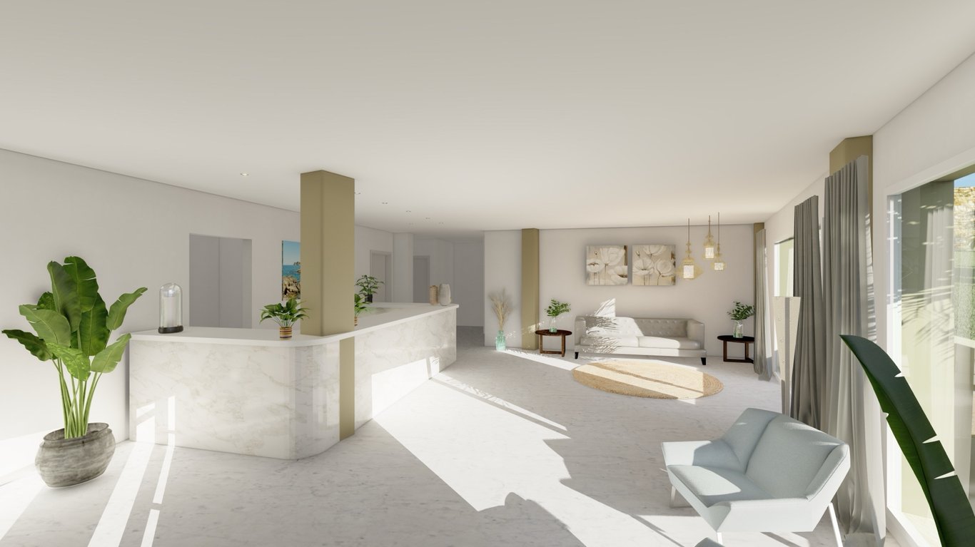 Minimalist reception area featuring a white marble desk, gold-toned pillars, and a bright lounge space with stone flooring and large windows.