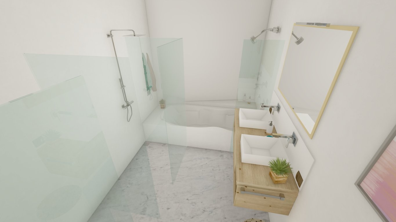 Modern bathroom featuring a double vanity with square vessel sinks on a wooden floating cabinet, a walk-in glass shower, and an integrated bathtub with marble flooring.