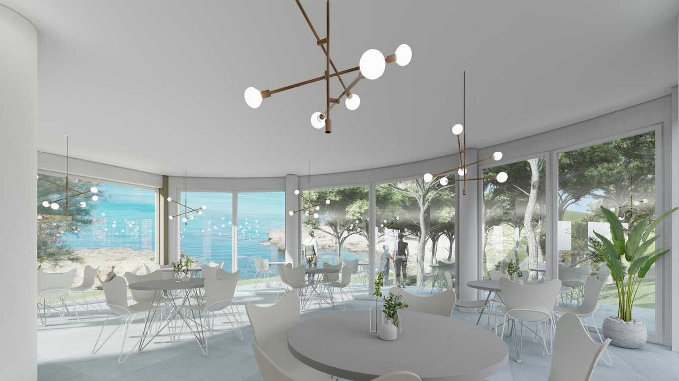 Open-plan dining room with floor-to-ceiling curved glass walls, panoramic Mediterranean views, minimalist white furniture, and modern branch-style chandeliers.