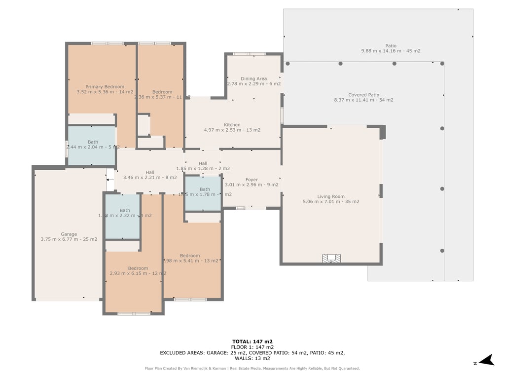 Detailed floor plan of the 147 m² villa illustrating the layout of four bedrooms, three bathrooms, a spacious living room, and a 54 m² covered patio area.