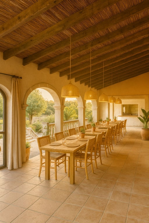 Covered terrace featuring exposed wooden beams, reed ceilings, and long dining tables with wicker chairs, set against a backdrop of arched columns and gardens.