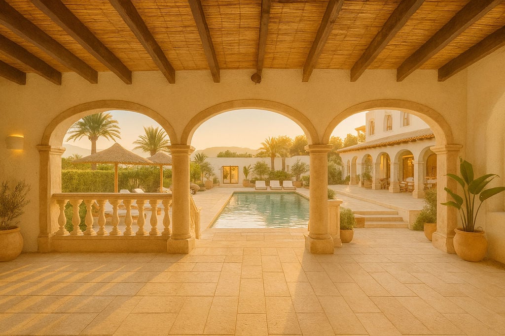 Covered terrace featuring stone arches and exposed wooden beams, overlooking a rectangular swimming pool and landscaped gardens at sunset.