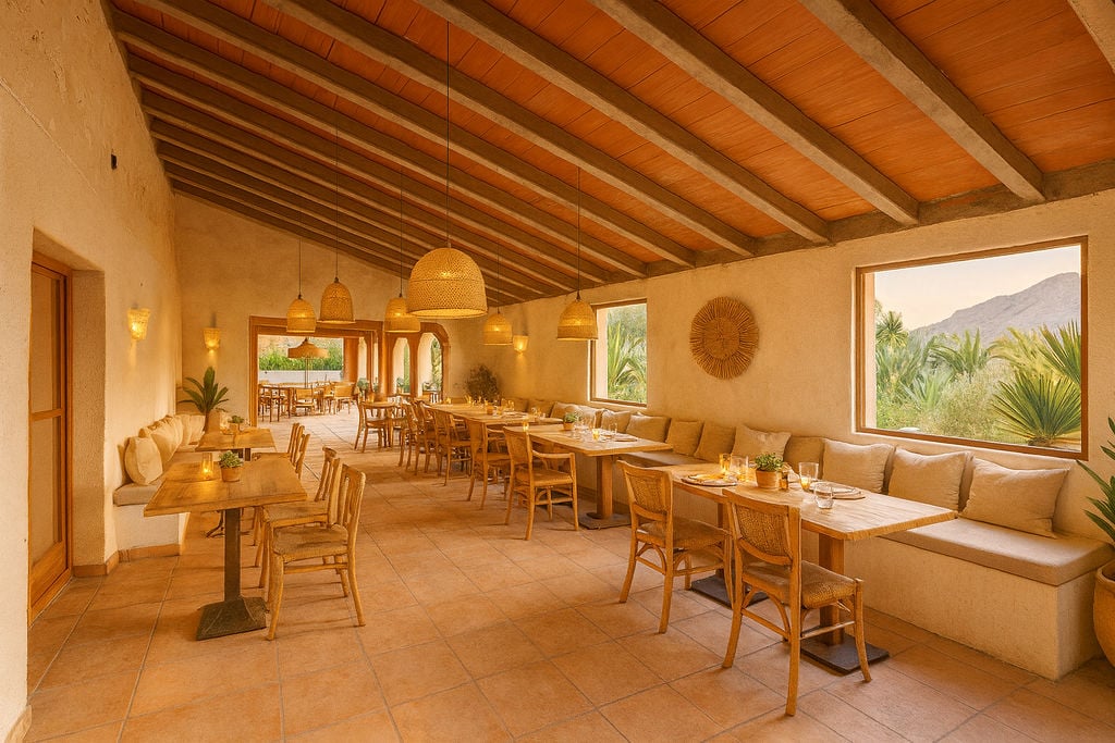 Dining hall featuring exposed wooden beams, rattan furniture, and large windows framing views of the Mediterranean greenery and mountains.