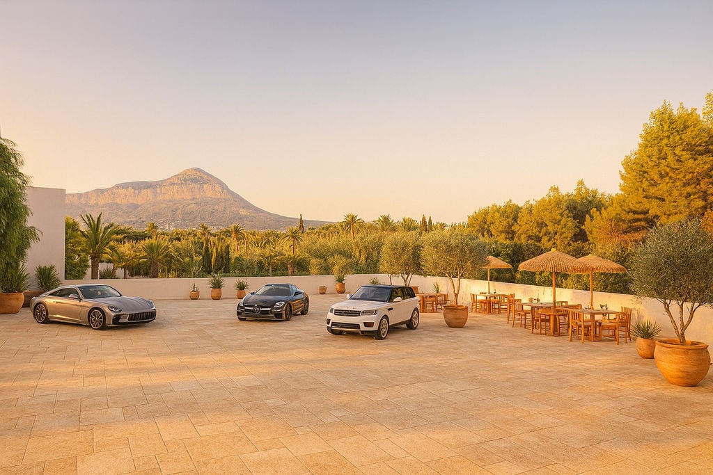 Expansive stone-paved terrace featuring panoramic views of the Montgó mountain, outdoor dining area with wooden furniture, and golden hour lighting.