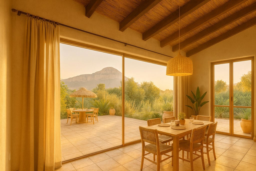 Interior dining area featuring wooden beams and reed ceilings, with large sliding doors opening to a terrace and views of the Montgó mountain.