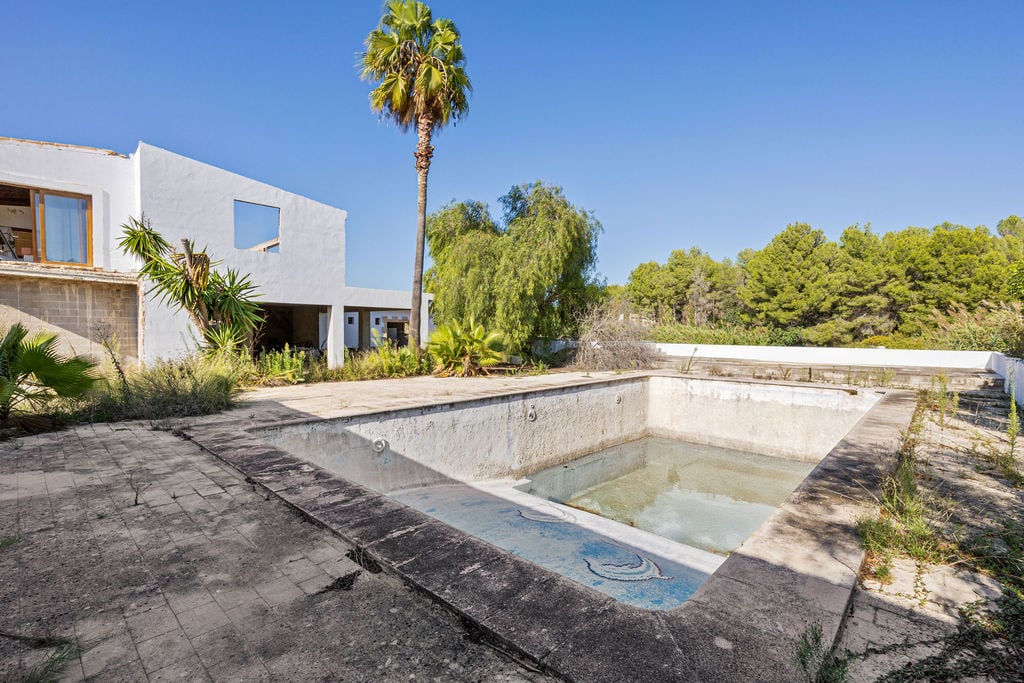 Large outdoor swimming pool with mosaic detailing and an expansive terrace, bordered by mature Mediterranean trees and a white contemporary structure.