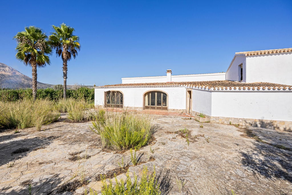 Mediterranean exterior featuring a white facade, terracotta roof, and a natural stone terrace, complemented by palm trees and mountain views.
