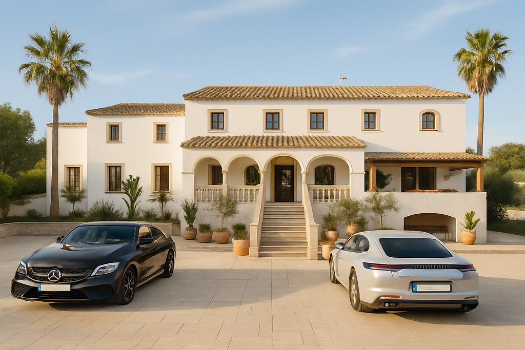Mediterranean-style main facade featuring a classic arched loggia, central stone staircase, and a spacious paved forecourt flanked by palm trees.