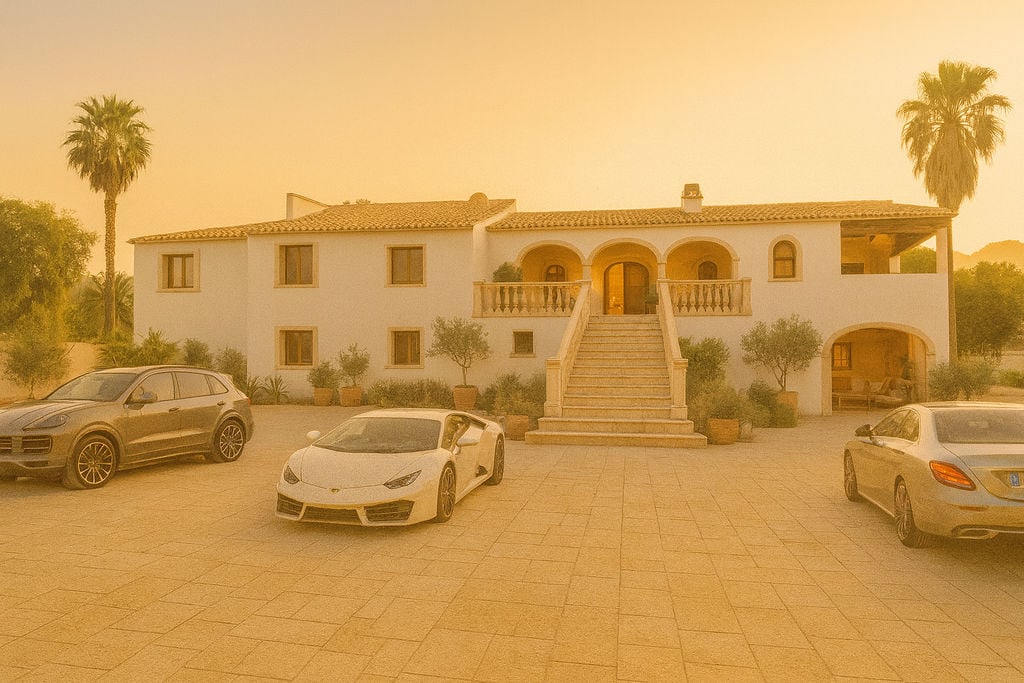 Mediterranean-style main facade featuring a grand stone staircase, traditional arched porches, and a spacious paved courtyard lined with palm trees.