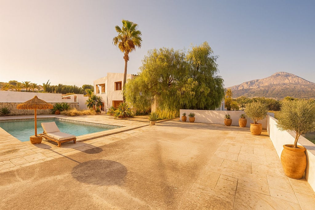 Natural stone terrace featuring a swimming pool and Mediterranean flora, with clear views of the Montgó mountain and white-washed architectural elements.