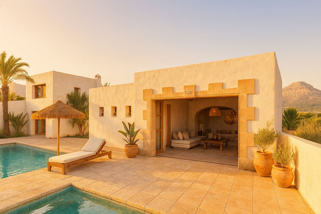 Poolside terrace featuring natural stone tiling and a Tosca stone archway leading to an open-air lounge with views of the Montgó mountain.