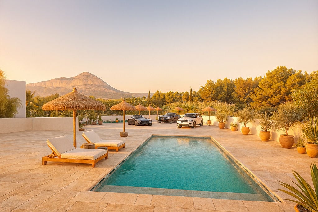 Rectangular pool featuring a natural stone terrace with wooden sun loungers, heather parasols, and clear views of the Montgó mountain during golden hour.