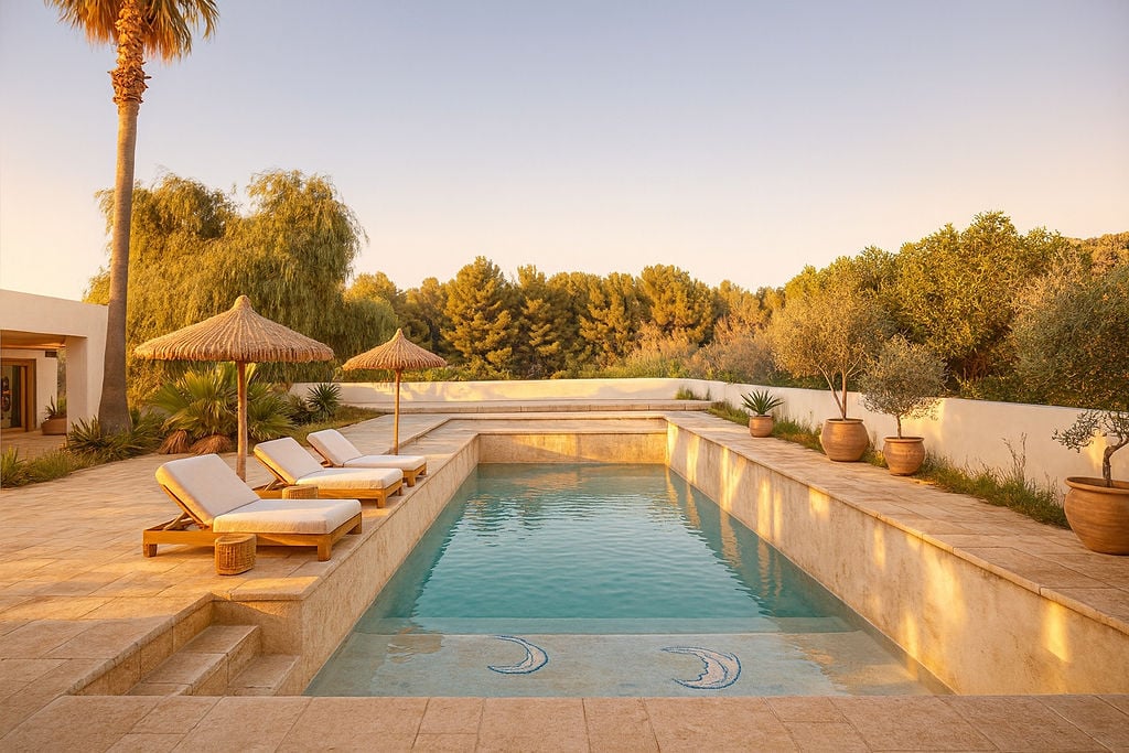Rectangular swimming pool featuring natural stone paving, wooden loungers with heather parasols, and a backdrop of dense Mediterranean pine forest.