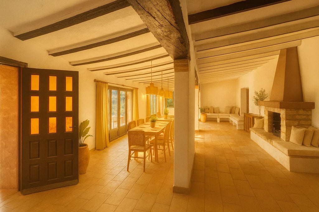 Rustic interior featuring exposed wooden beams, a stone fireplace with built-in seating, and a dining area with wicker chairs and tiled flooring.