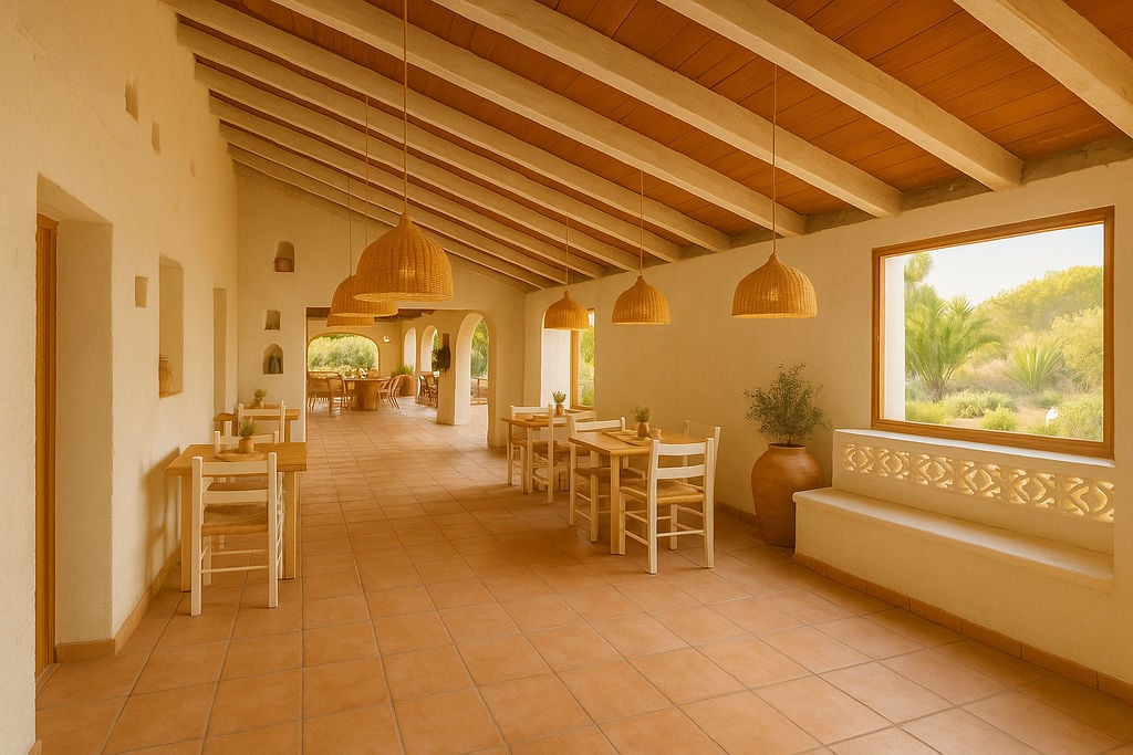 Spacious dining area featuring exposed wooden ceiling beams, terracotta flooring, and wicker pendant lights. Large windows frame views of the Mediterranean landscape.