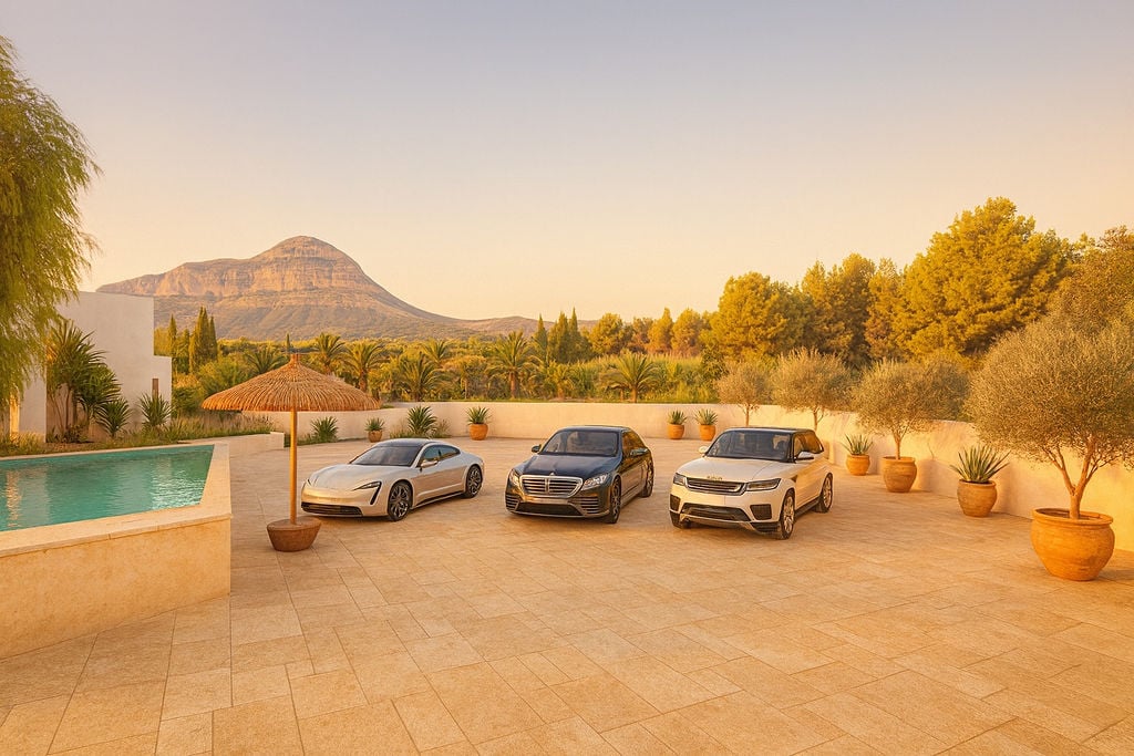 Spacious natural stone parking area adjacent to the pool, featuring panoramic views of the Montgó mountain and Mediterranean landscaping.