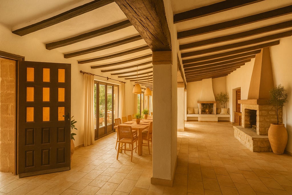 Spacious rustic living area featuring exposed dark wood beams, terracotta tile flooring, and twin stone fireplaces within an open and naturally lit layout.
