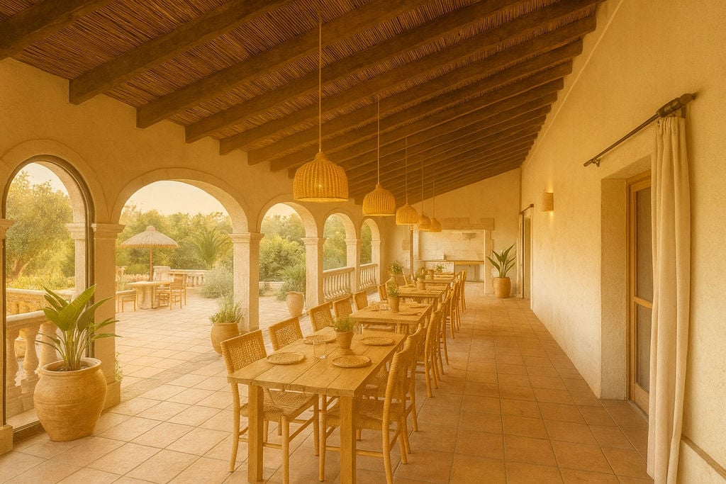 Traditional Mediterranean porch featuring stone arches, exposed wooden beams, and reed ceilings. The space includes wooden dining sets and woven pendant lighting.