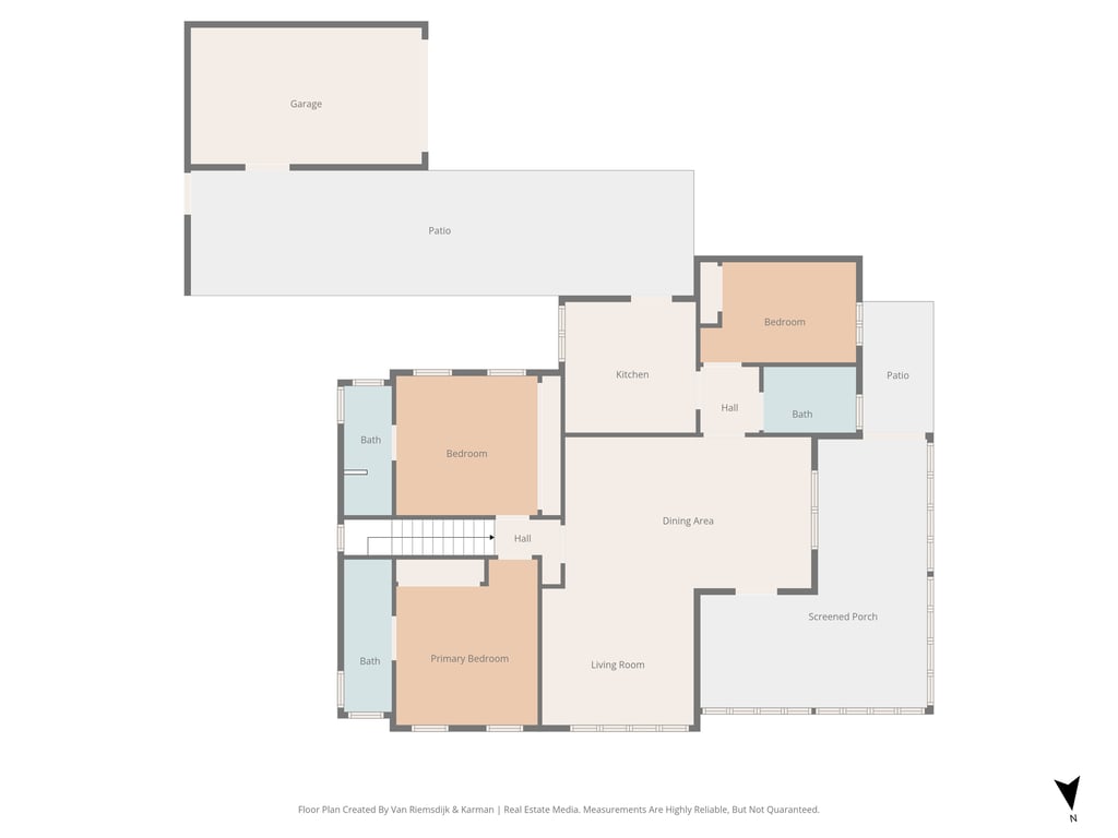 Detailed floor plan of the main level illustrating the layout of the living-dining area, kitchen, three bedrooms, bathrooms, and the spacious screened porch.