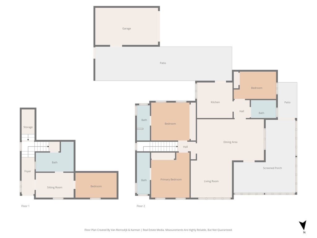 Detailed floor plan of the two-level villa, illustrating the layout of 4 bedrooms, 4 bathrooms, the L-shaped living area, and the large screened porch.