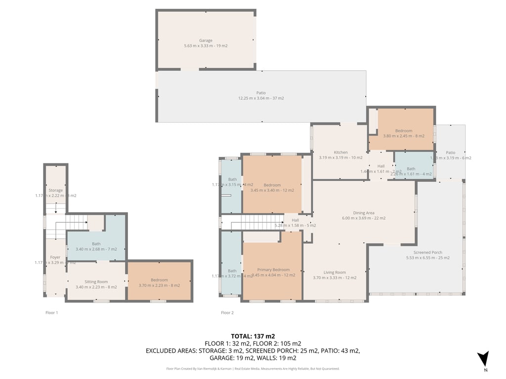 Detailed floor plan of the villa across two levels, showing the layout of 4 bedrooms, 4 bathrooms, living areas, and exterior spaces including the garage and screened porch.