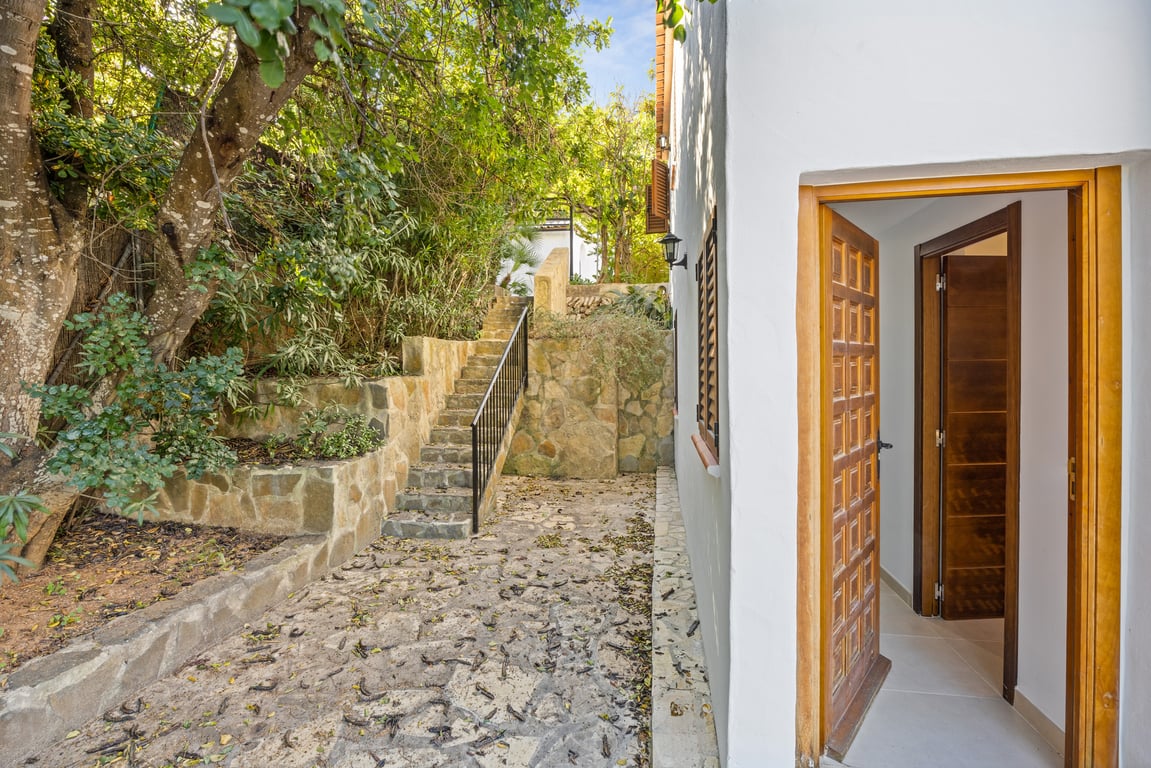 Side entrance featuring a carved wooden door, stone-paved path, and external masonry stairs with a black metal railing amidst lush greenery.