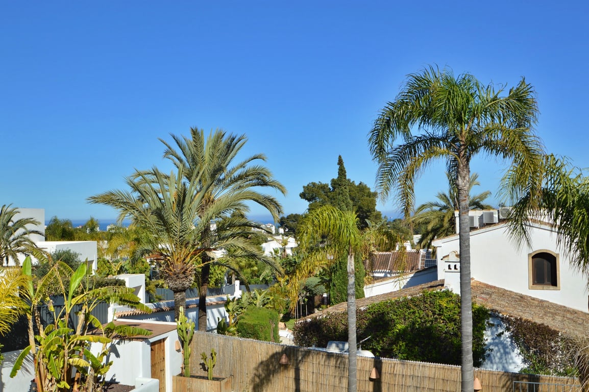 Elevated view from the upper level overlooking the Adsubia residential area, featuring mature palm trees and a glimpse of the Mediterranean Sea on the horizon.