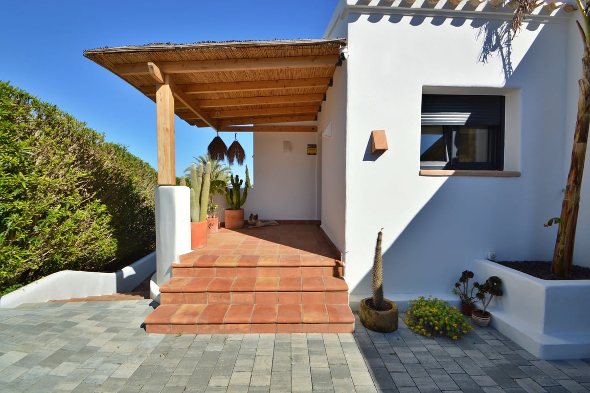 Ibizan-style entrance featuring a wooden pergola with reed roofing, terracotta steps, and potted cacti against a clean white facade.
