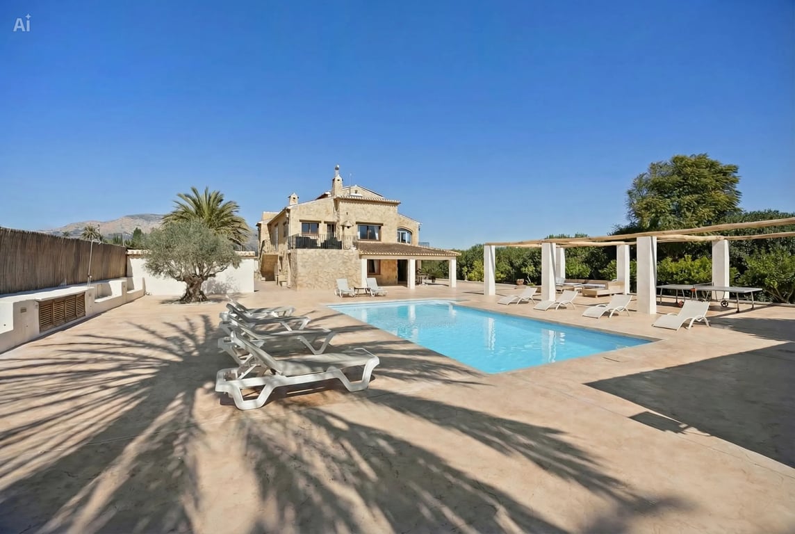 A 5x10 meter swimming pool surrounded by a spacious terrace with loungers, a white-pillared pergola, and views of the stone-clad villa facade.
