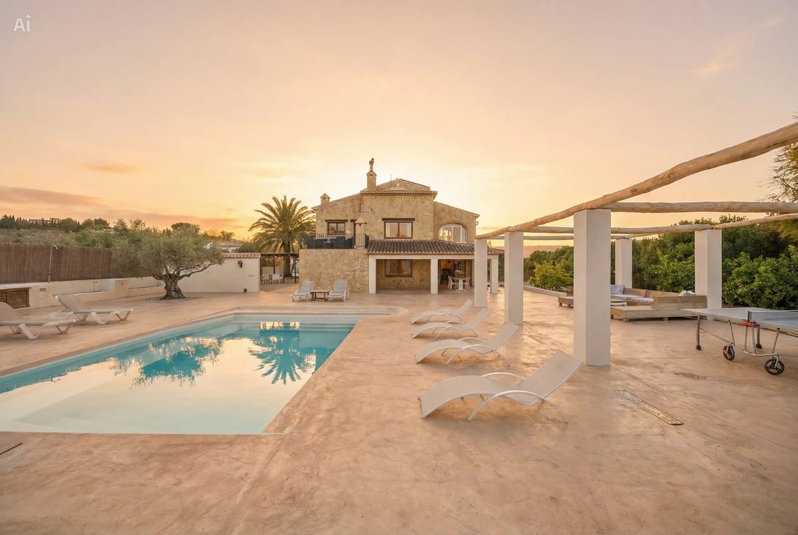 Exterior view of the villa at sunset, featuring the 5x10m pool, expansive terrace with sun loungers, and a wooden beam pergola adjacent to the stone facade.