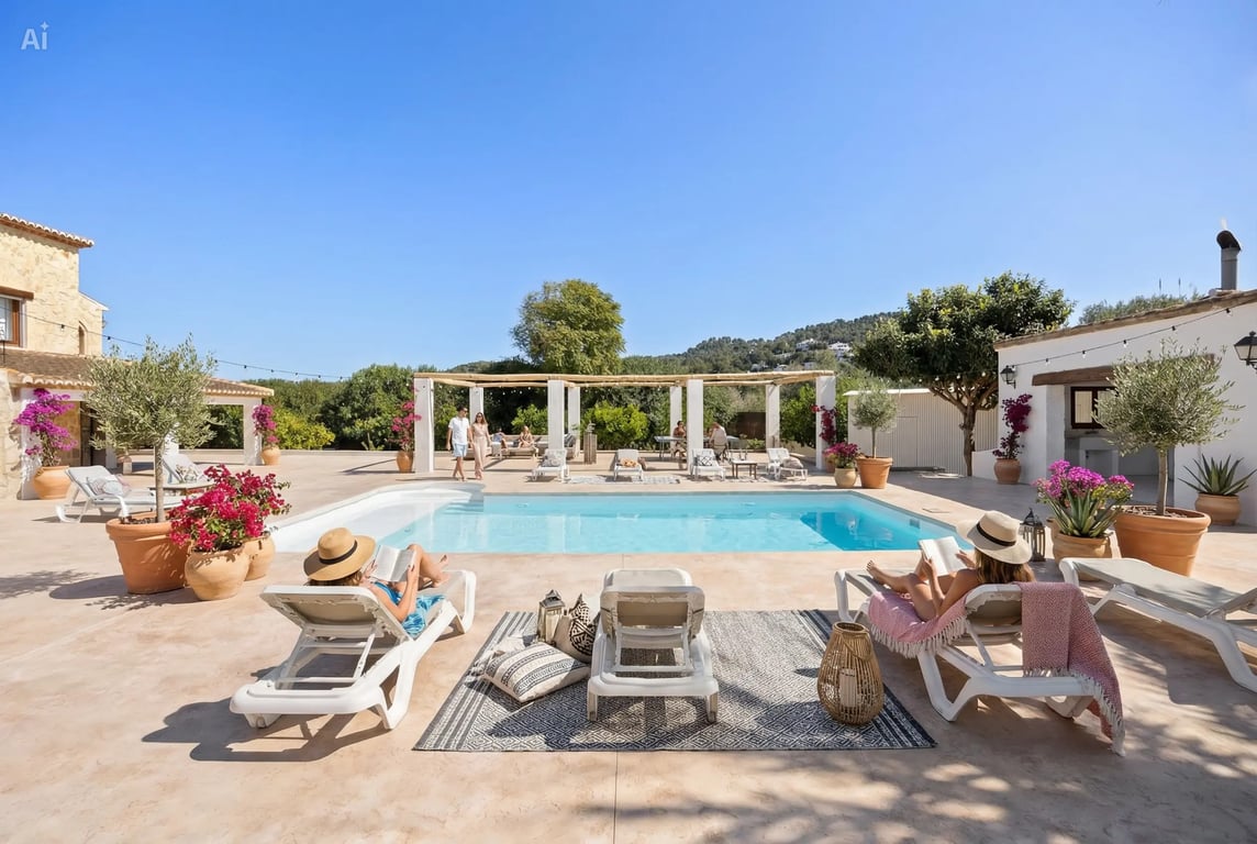 Large 5x10m renovated pool surrounded by an expansive terrace, featuring sun loungers, potted Mediterranean plants, and a pergola with views of the open landscape.
