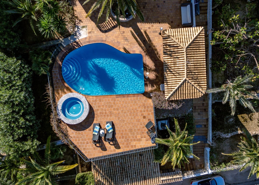 Aerial view of the outdoor area featuring a freeform swimming pool, circular jacuzzi, and terracotta terrace surrounded by mature palms and lush greenery.