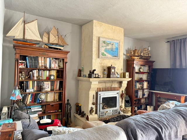 Traditional living room featuring a stone fireplace with a metal insert, flanked by classic wooden bookcases displaying nautical models and a personal library.