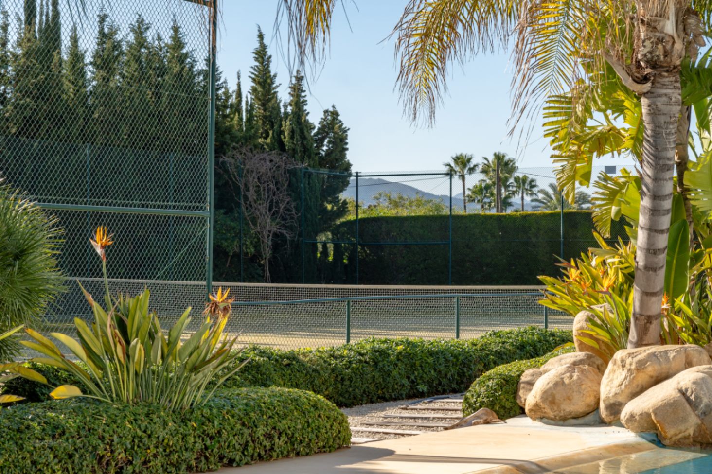 Private tennis court enclosed by manicured hedges and tropical landscaping, featuring palm trees and a backdrop of the Montgó mountain.