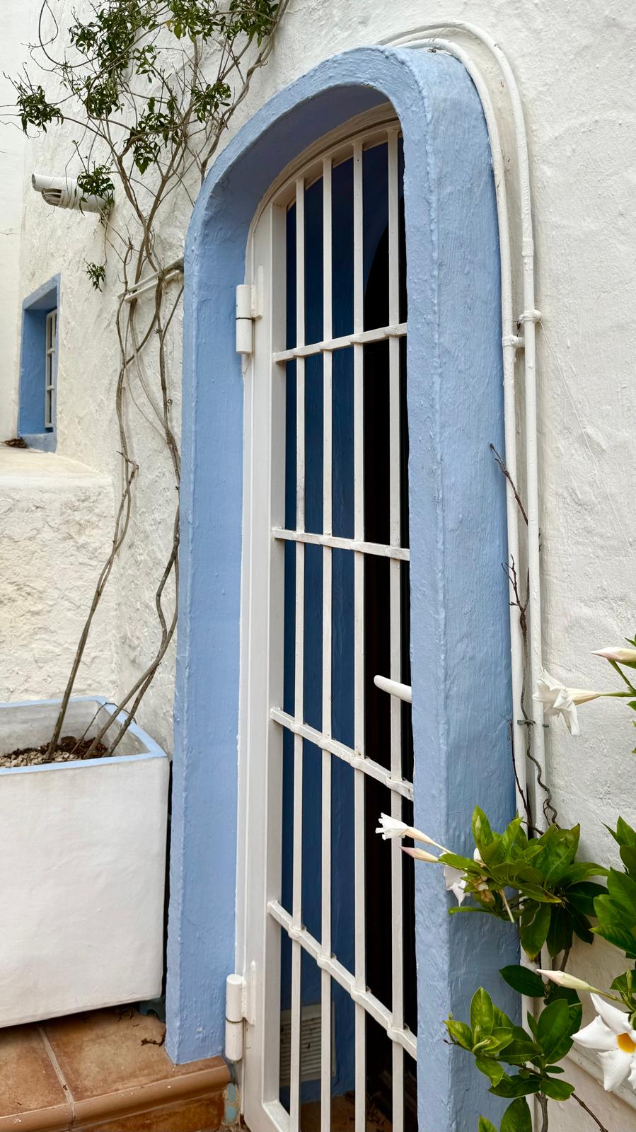 Arched doorway featuring white security bars and a light blue trim, set against a textured white Mediterranean facade with climbing vines.