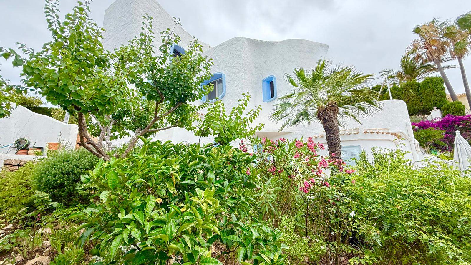 Ibizan-style facade featuring textured white walls and blue window frames, nestled within a mature Mediterranean garden with palms and flowering shrubs.