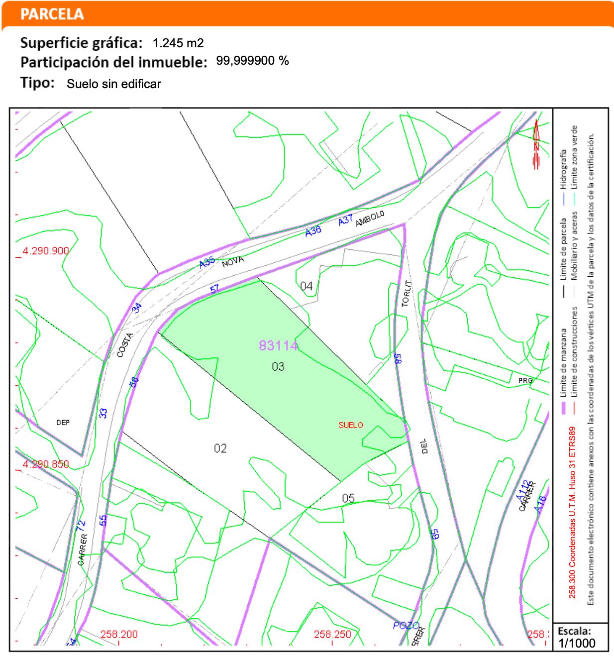 Detailed cadastral map of the 1,245 m2 plot in Costa Nova, Jávea, showing boundaries, road access, and topography for future villa construction.