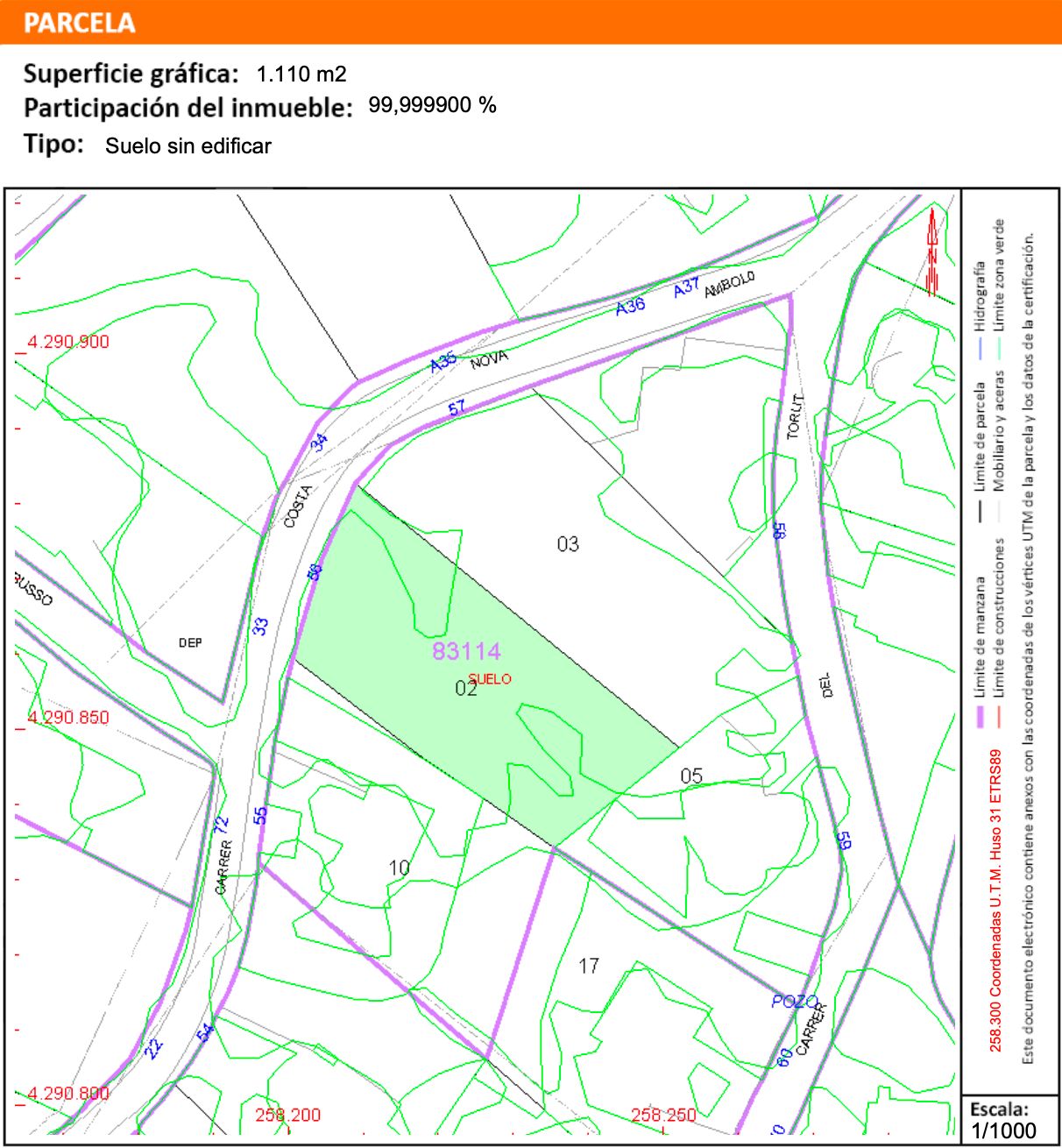 Technical cadastral map of the 1,110 m2 plot in Jávea, showing property boundaries, street access, and topographical contours of the undeveloped land.