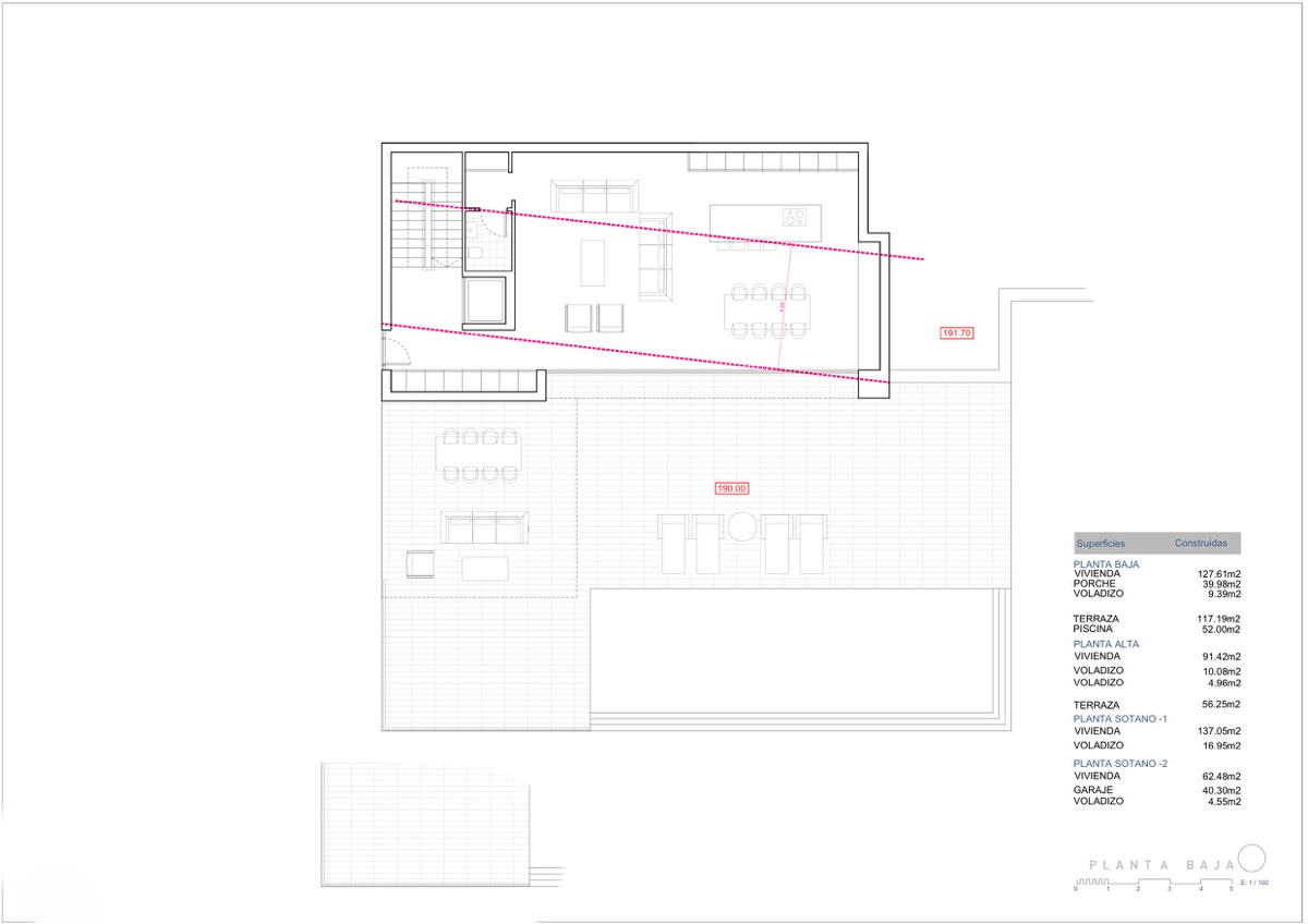 Detailed ground floor architectural plan showing the open-concept living area, kitchen, dining space, expansive outdoor terrace, and private swimming pool.