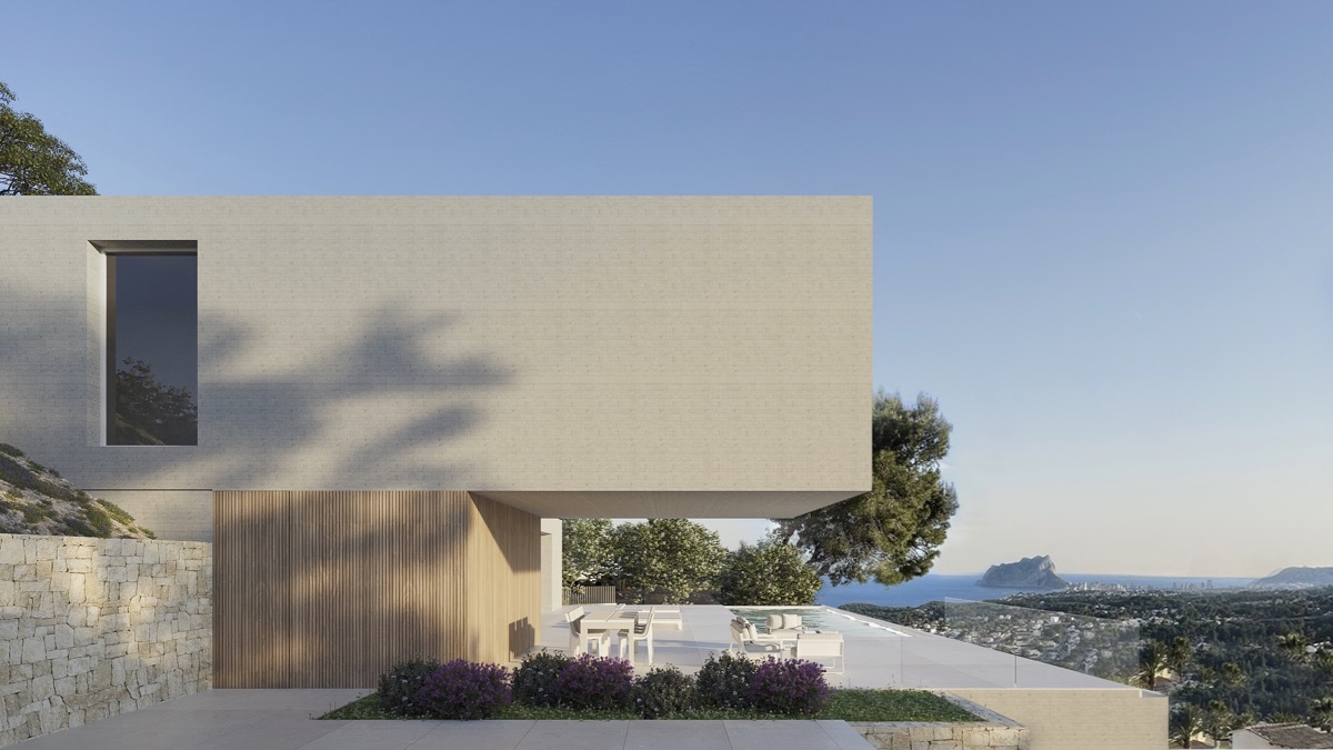 Minimalist facade with an architectural cantilever, wood accents, and infinity pool terrace. Features panoramic views of the sea and Peñón de Ifach.
