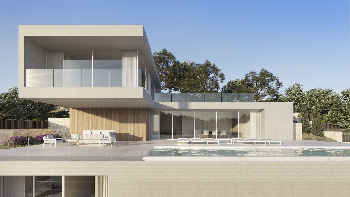 Modern villa exterior featuring a cantilevered upper level, infinity pool, and expansive glass facades overlooking a spacious terrace with lounge furniture.