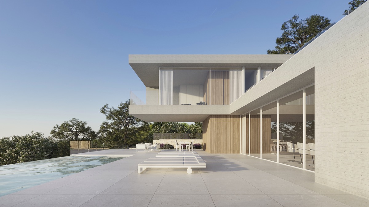 Modern villa exterior featuring an infinity pool, expansive tiled terrace, and architectural cantilevers. Floor-to-ceiling windows and wood-textured panels highlight the design.