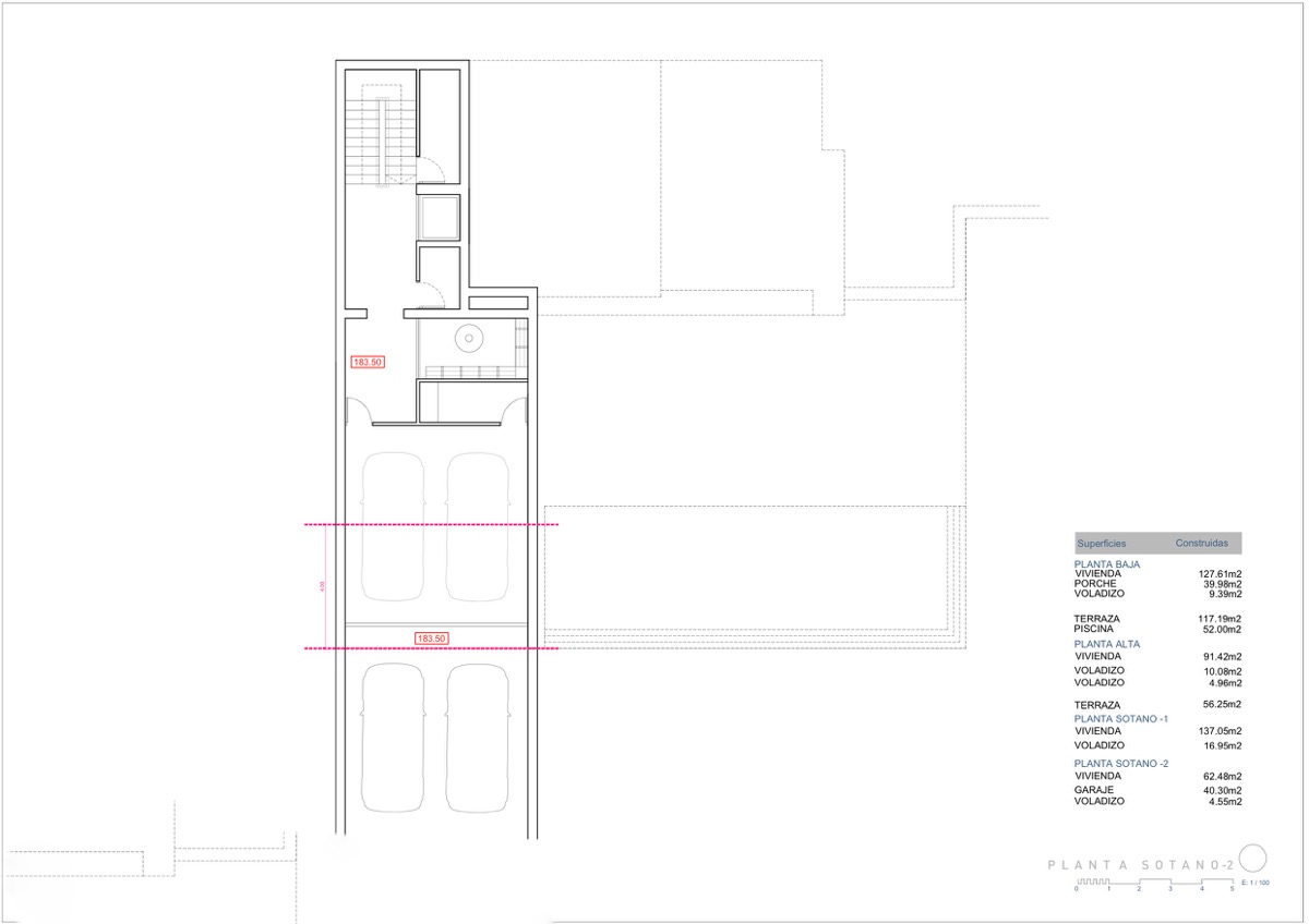 Technical floor plan of basement level -2, detailing the spacious four-car garage, internal staircase, and elevator access for the modern villa.